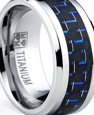 Ultimate Metals Co. Mens Titanium Ring Wedding Engagement Band with Black and Blue Carbon Fiber Inlay, 8mm Size S 1/2
