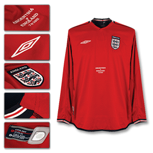 Umbro 02-03 England Away L/S Shirt   England v Argentina Emb (crooked)   WC Sleeve Patch