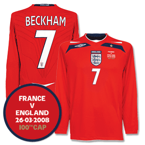 Umbro 08-10 England Away L/S Shirt   Beckham No.7   100th Cap transfer
