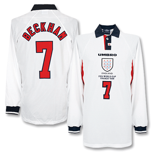 Umbro 97-99 England Home L/S Shirt   FIFA 98 Emb   Beckham 7 - Players