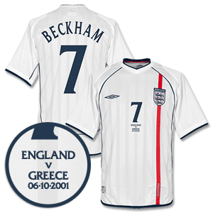 England Home Beckham Shirt 2001 2003 with Greece
