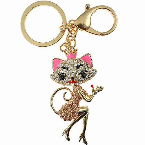 Adorable crystal diamante encrusted 3D gold plated lady cat handbag charm or key ring costume jewellery