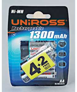 Uniross AA Rechargeable Batteries - 4 Pack plus 2 Free