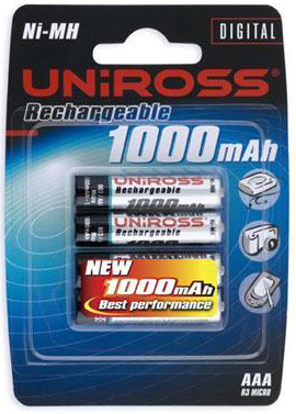 Uniross 4 Pack AAA size 1000mAh Ni-MH battery  ideal for use in high drain appliances  such as Digit