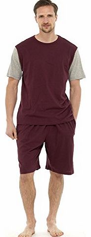 Mens Short Sleeve T-Shirt & Shorts Pyjamas/Lounge Set (M Chest 39-41inch (99-104cm)) (Plum/Grey)