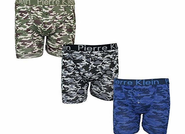Mens 3 Pack Pierre Klein Underwear Camouflage Fashion Jersey Button Fly Boxer Shorts-Small