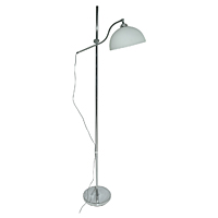 Contemporary and stylish polished chrome floor lamp with adjustable arm and opal glass shade. Comple
