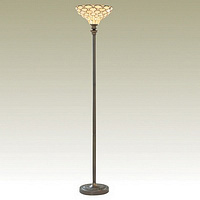 Handmade stained glass tiffany floor lamp in a weathered bronze finish with clear glass droplets. He
