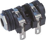 A standard 1/4 in. (6.35mm) moulded jack socket with 2 break contacts and solder tags. Bezel is dome