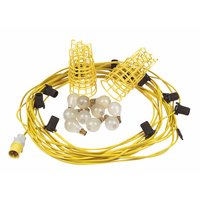 110V. 25m cable with 10 GLS festoon lamps and polycarbonate guards. 110V plug and bulbs provided