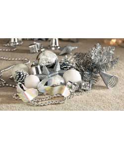 100 piece luxury decorations in a silver and white theme for decorating a Christmas tree.For indoor