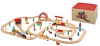 wooden train set with matching wooden storage box