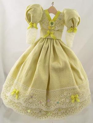 1:12 Scale Doll House Miniature Lemon Silk Dupion Ball Gown On Hanger. Embelished with lace, bows