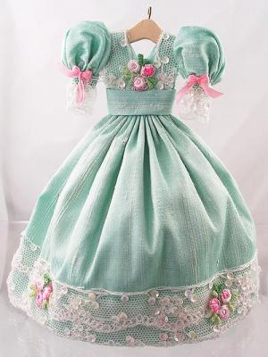 1:12 Scale Doll House Miniature Mint Green Silk Dupion Ball Gown On Hanger. Embelished with lace,