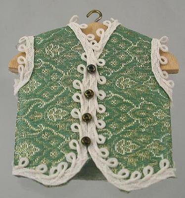 1:12 Scale Doll House Miniature Page Boys Green Silk Waistcoat On Hanger. Embelished with cream