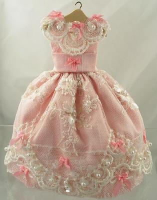1:12 Scale Doll House Miniature Pink Silk and Lace Wedding Gown On Hanger. Embelished with bows,