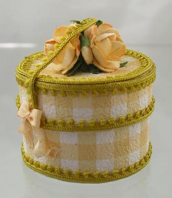 1:12 Scale Doll House Miniature Yellow Check Hat Box Edged With Yellow Picot and Embelished with