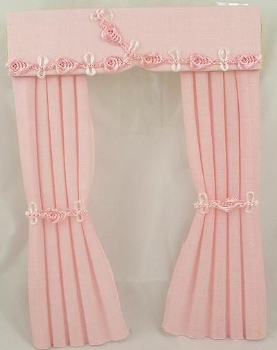 1:12 Scale Dolls House Miniature Curtains in Baby Pink Cotton Fabric