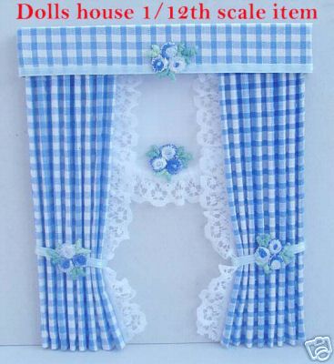 1:12 Scale Dolls House Miniature Sky Blue and White Gingham Kitchen Curtains with