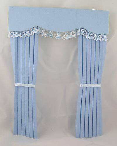 1:12 Scale Dolls House Miniature Curtains in Sky Blue Cotton fabric with Blue and White Lace