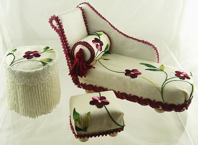 1:12 Scale Individually Handcrafted Miniature Boudoir Set Dressed in Silk Dupion. Comprises of