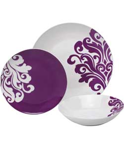 Unbranded 12 - Piece Porcelain Damask Dinner Set - Purple