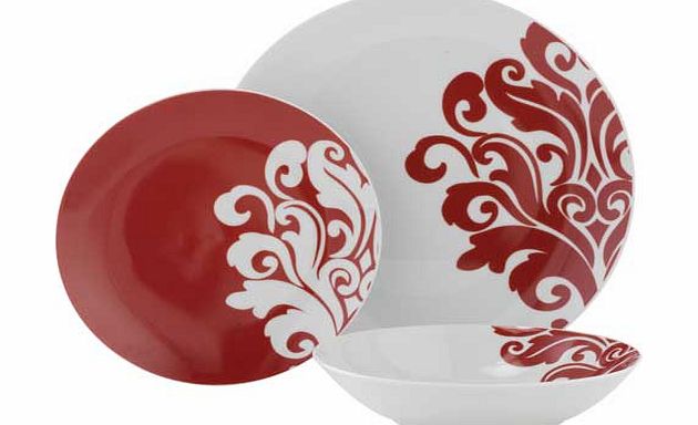 With a white and swirled design. this sophisticated twelve piece dinner set offers the perfect combination of modern elegance. Part of the Damask collection. Porcelain. 4 place settings. 4 dinner plates. 4 side plates and 4 bowls. Dishwasher and micr