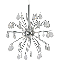 Unique low voltage halogen ceiling pendant light in a polished chrome finish with delicate clear gla