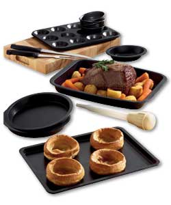 Non-stick bakeware. Dishwasher safe. 35cm roaster. 32cm oven tray. 12 cup bun sheet. Oval pie dish