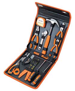 Claw hammer. 3 piece pliers. 6in adjustable wrench. 8in scissors. Plastic knife. Insulation tape. Me