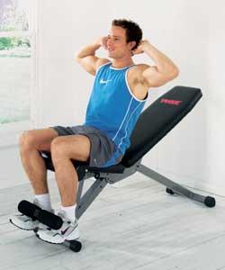 Dumbbell bench, abdo board, hyper extension and bicep curl.Deep cushion upholstery and adjustable