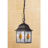 Stylish ruggine finish outdoor hanging ceiling light with water glass and amber insets IP44 rated. H