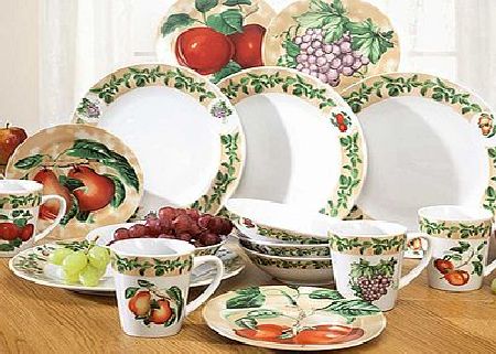 What a beautifully rich and warm 16 piece Fruits Crockery Dinner Set  simply a delight to grace any dining table  and at this great value offer price too! What more could you ask for! The set comprises of 4 dinner plates (10 1/2)  4 side plates (7