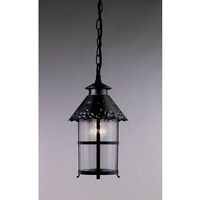 Traditionally styled exterior hanging ceiling light in a black finish with seeded glass diffuser. Th