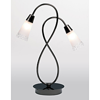 Contemporary and elegant halogen table lamp in a black chrome finish with curved arms and delicate f