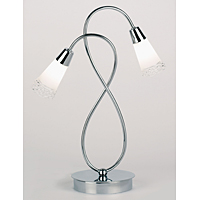 Contemporary and elegant halogen table lamp in a polished chrome finish with curved arms and delicat