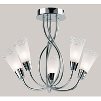 Contemporary and elegant halogen ceiling light in a polished chrome finish with curved arms and deli