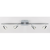 Stylish polished chrome ceiling bar spot light with adjustable heads and white LED lights on the bac