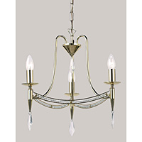 Stylish and modern hanging ceiling light in a polished brass finish decorated with crystal droplets 