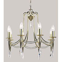 Stylish and modern hanging ceiling light in a polished brass finish decorated with crystal droplets 