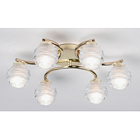 Contemporary and stylish halogen ceiling light in a brass plated finish with curved arms and clear o