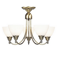 Simple antique brass fitting with matt opal white glass shades. This fitting can also be hung by a p