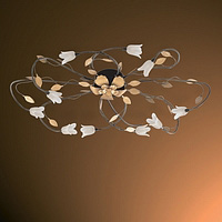 Unique antique brass ceiling fitting with golden leaves and white fluted glass shades. Height - 18cm