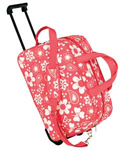 Pink and white. Polyester. 2 corner wheels. Carry handle. Size (H)29, (W)46, (D)25cm / (H)11.4, (W)1