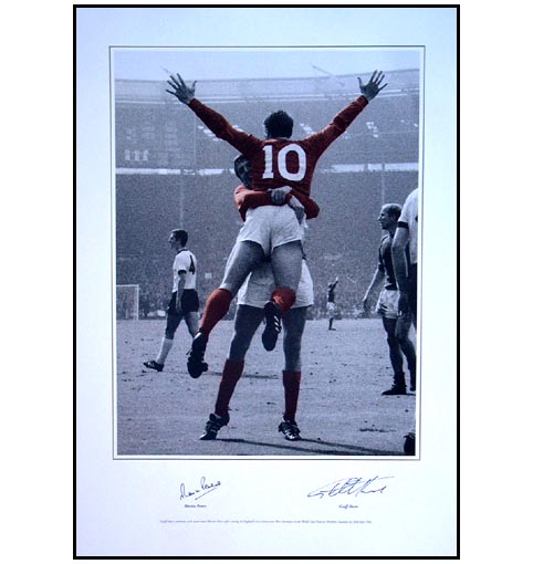 This stunning photo print shows the iconic image of Hurst and Peters celebrating after beating Germa