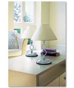 Chrome finish metal bases with ivory shades.Integral 4 stage touch control dimmer: touch once for