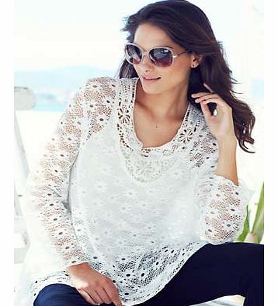 This stretch lace outfit encapsulates one of the key trends. Comprises tunic with long sleeves and contrast crochet lace trim on neckline and matching camisole. Tunic Set Features: Washable Outer: 98% Viscose, 2% Elastane Back: 95% Viscose, 5% Elasta