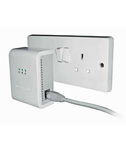 Turns any electrical outlet into an internet connection. Plug one adapter into your broadband router