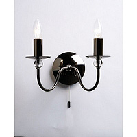 Black chrome wall fixture with clear spheres. Complete with on/off pull switch. Height - 18cm Diamet