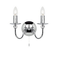 Polished chrome wall fixture with clear spheres. Complete with on/off pull switch. Height - 18cm Dia